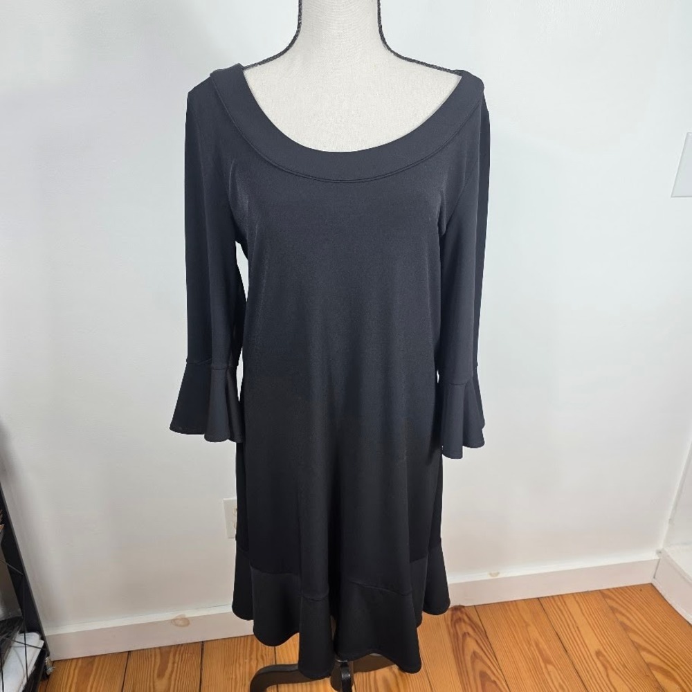 White House Black Market Flounce Sleeve Ruffle Hem Shift Dress Large Black L